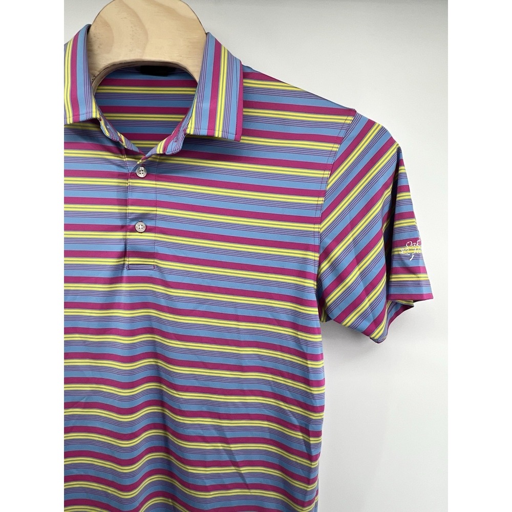 Dunning Golf Mens Medium Polo Shirt Oak Hills Embroidery  Striped Pink Blue